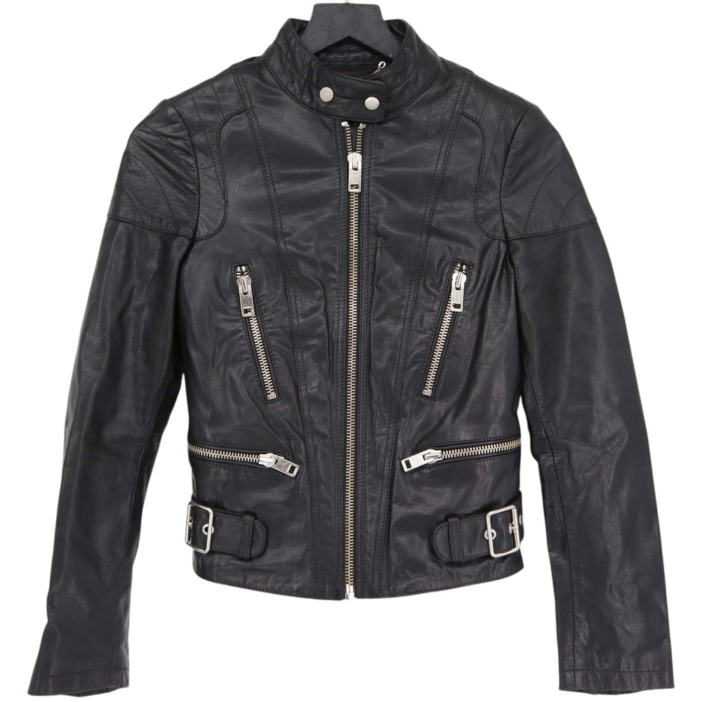 Diesel Womens Black Buffalo Leather Biker Moto Jacket Size XXS Zip Buckle Trim